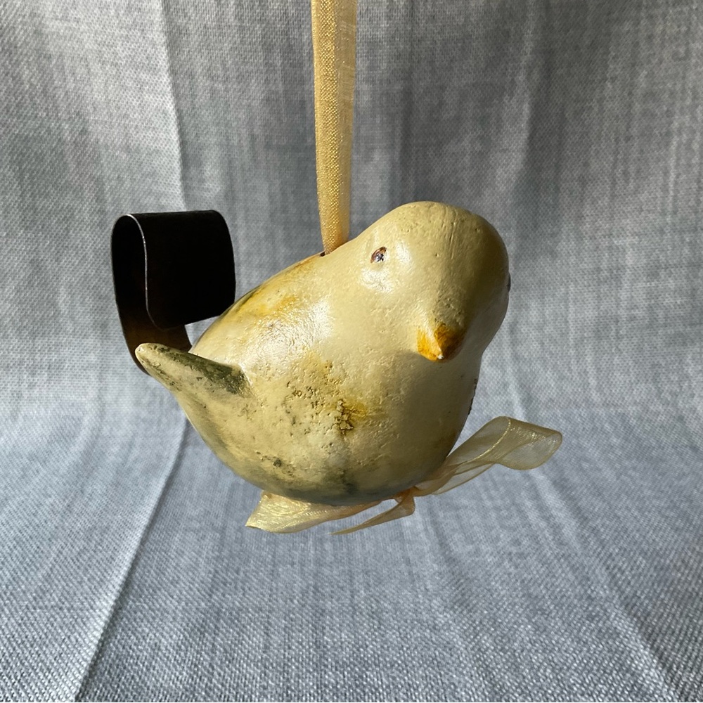 Rustic Yellow Hanging Ceramic Bird Gold Ribbon Ornament Chickadee Figurine Decor